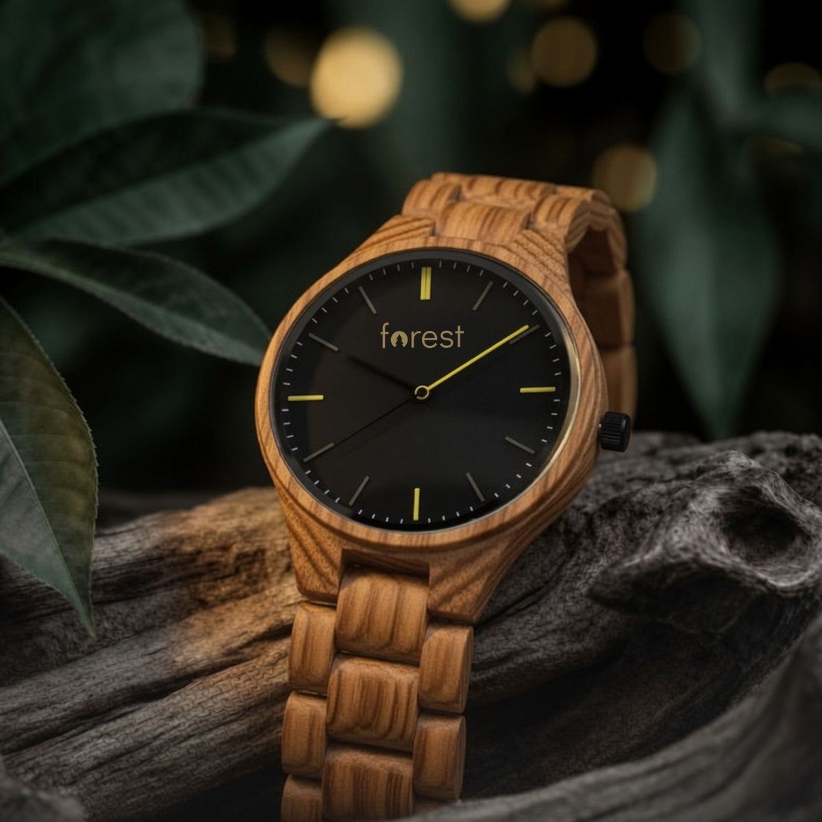 Dusk wooden watch, low angle