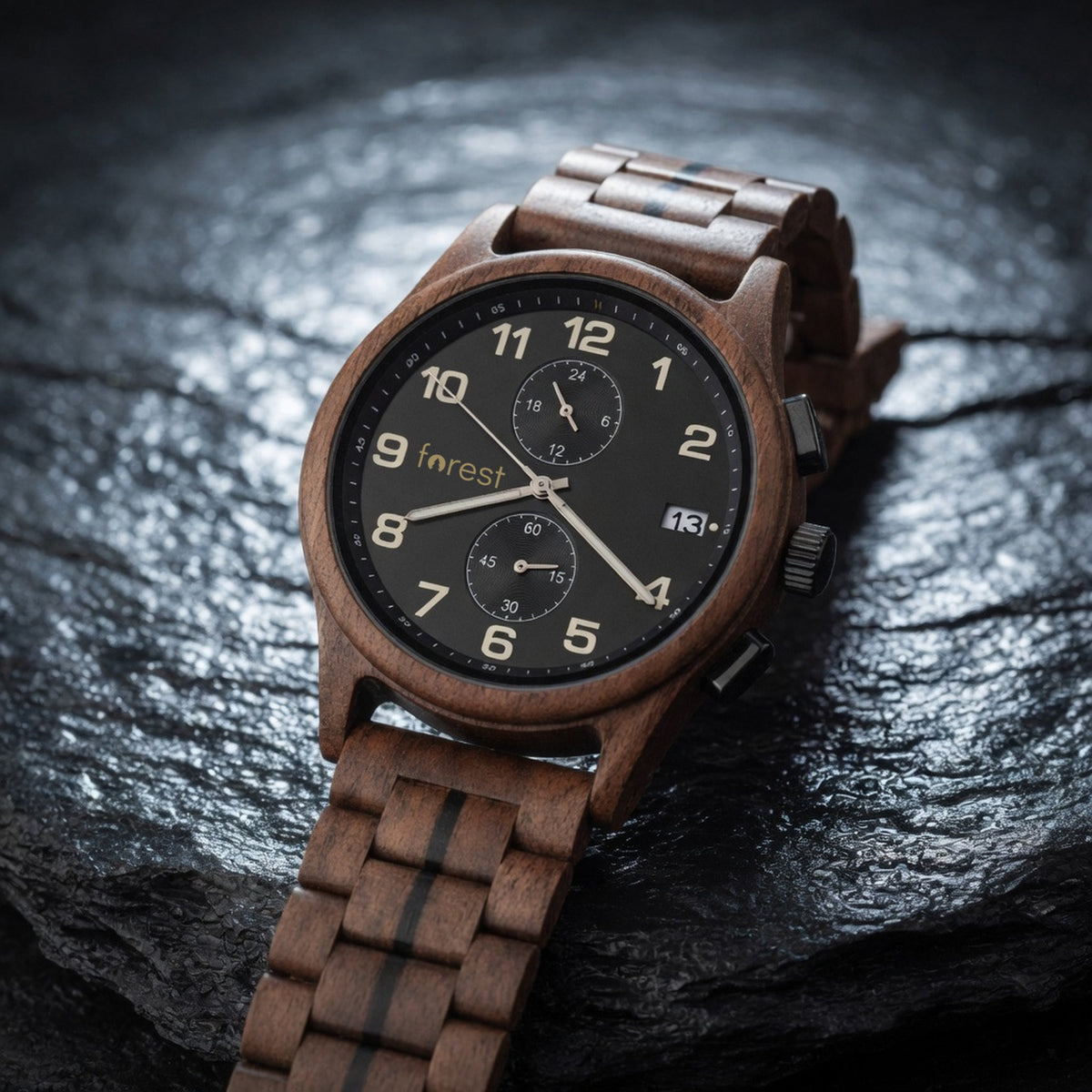 Raven wooden watch, low angle