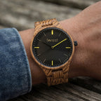Dusk wooden watch, worn on the wrist