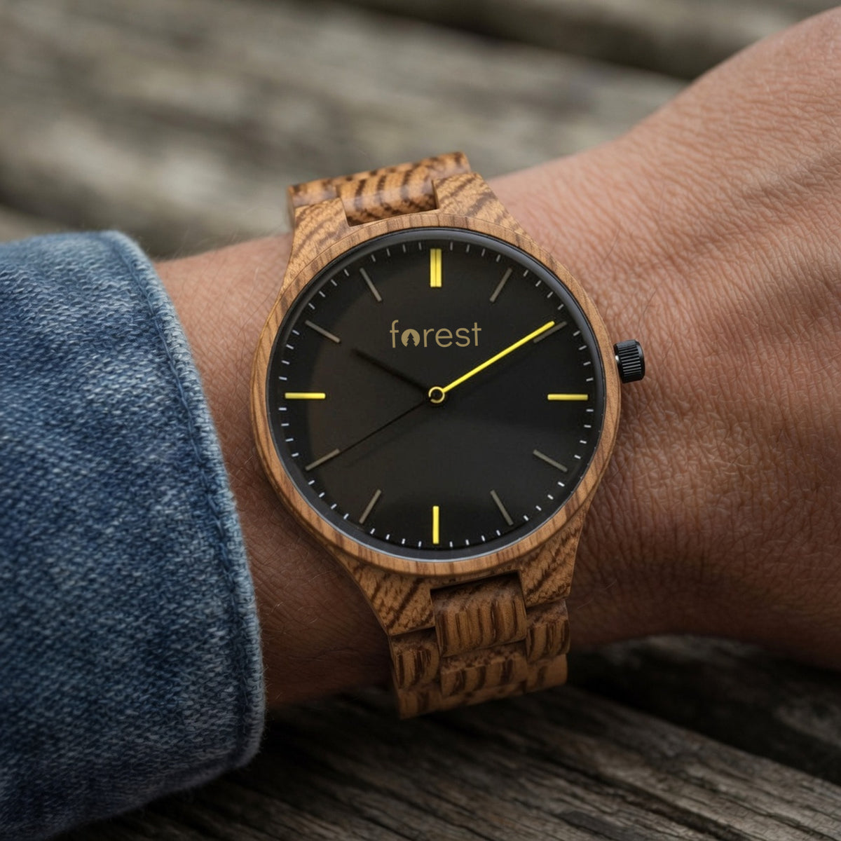 Dusk wooden watch, worn on the wrist