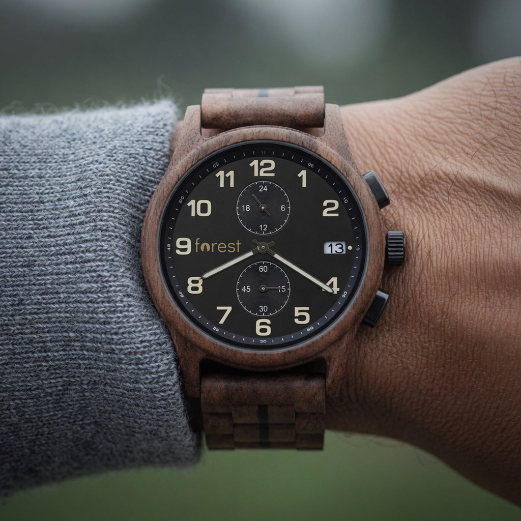 Raven wooden watch, worn on the wrist