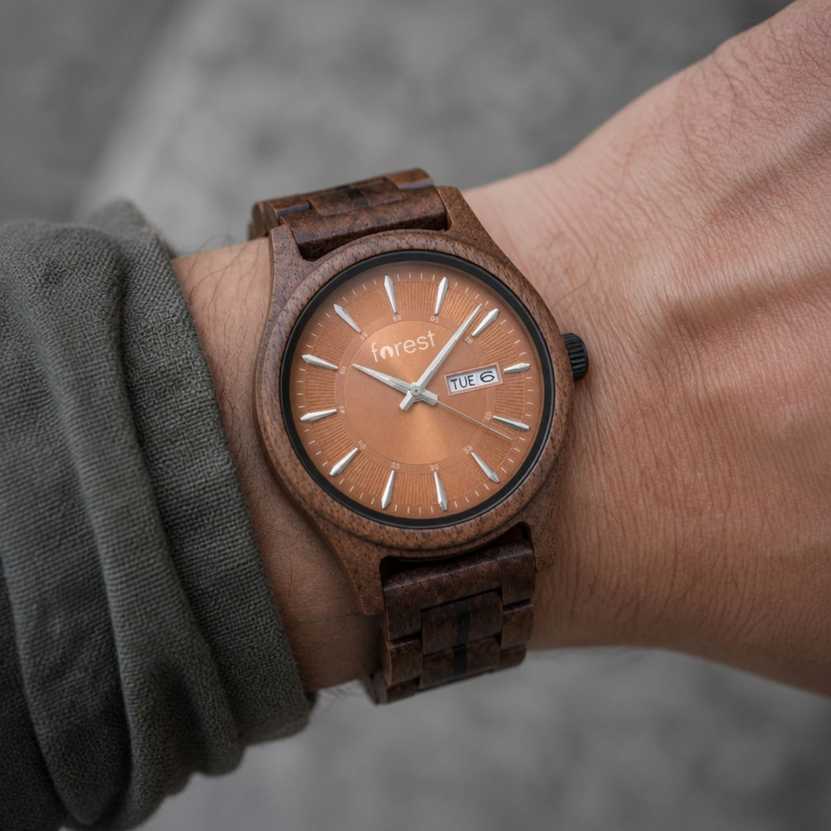 Bracken wooden watch, worn on the wrist