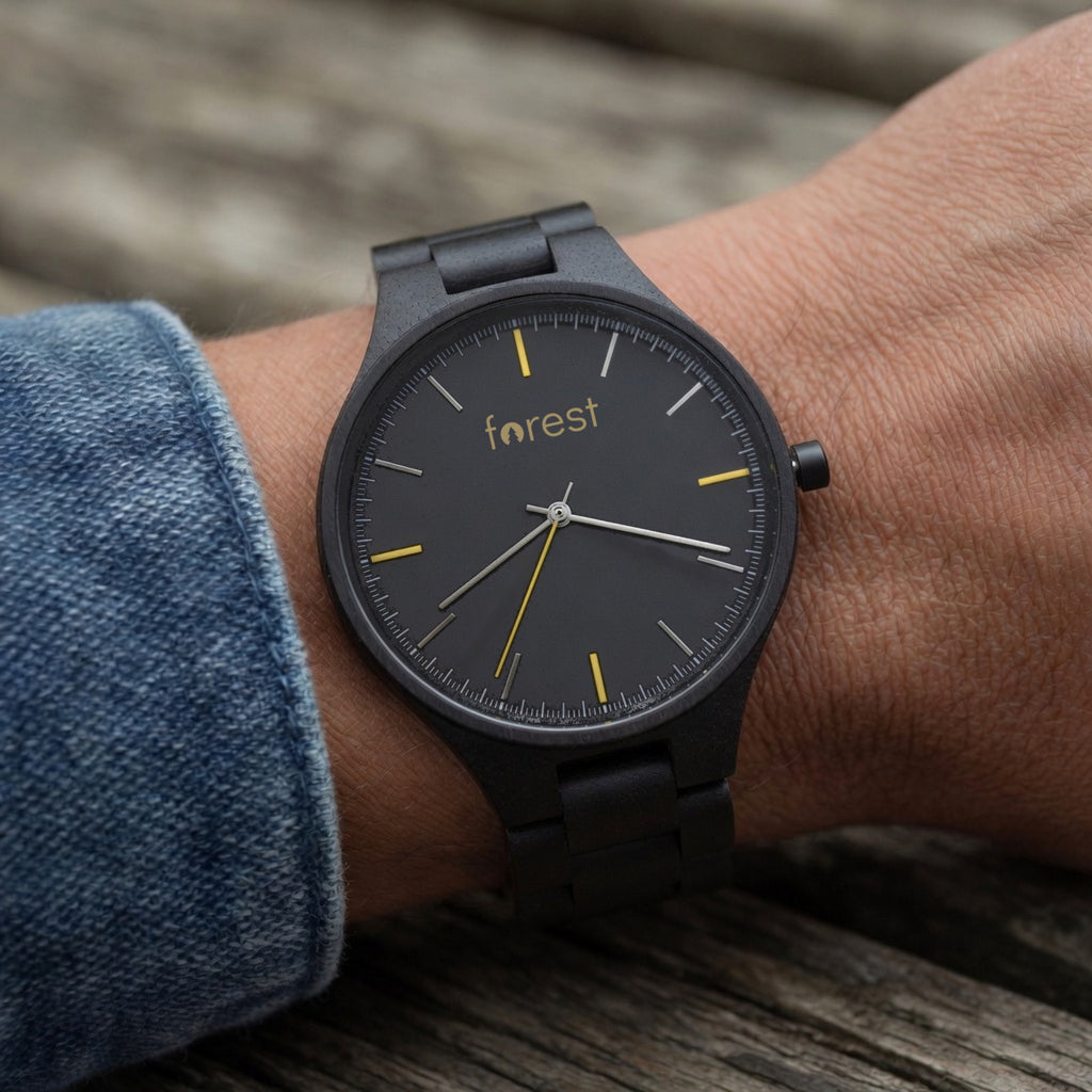 Nightfall wooden watch, worn on the wrist