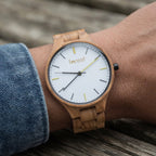 Dawn wooden watch, worn on the wrist