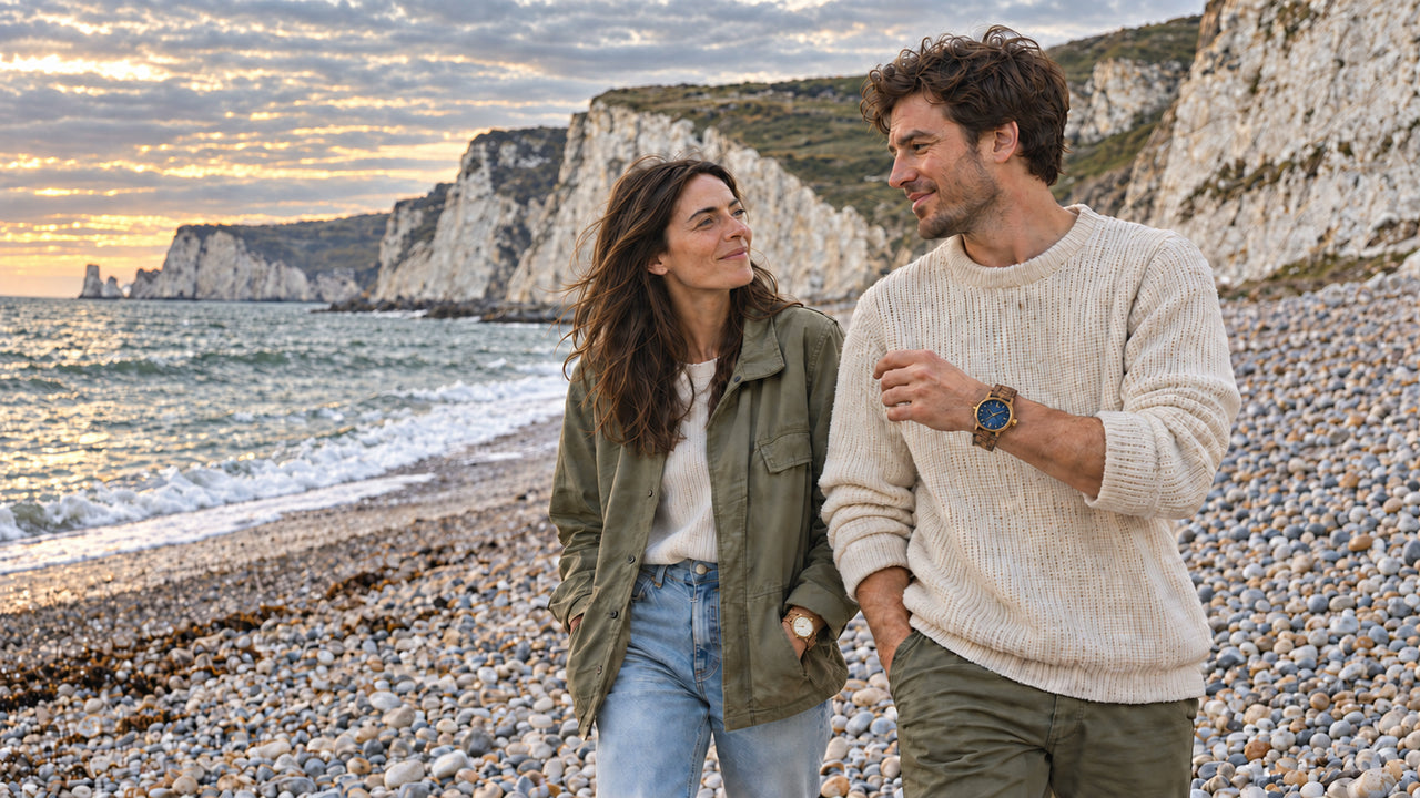 Windsor and Zara wooden watches for men and women, worn by a couple on the Dorset coast