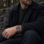Windsor wooden watch worn with a navy coat and green knit outdoors