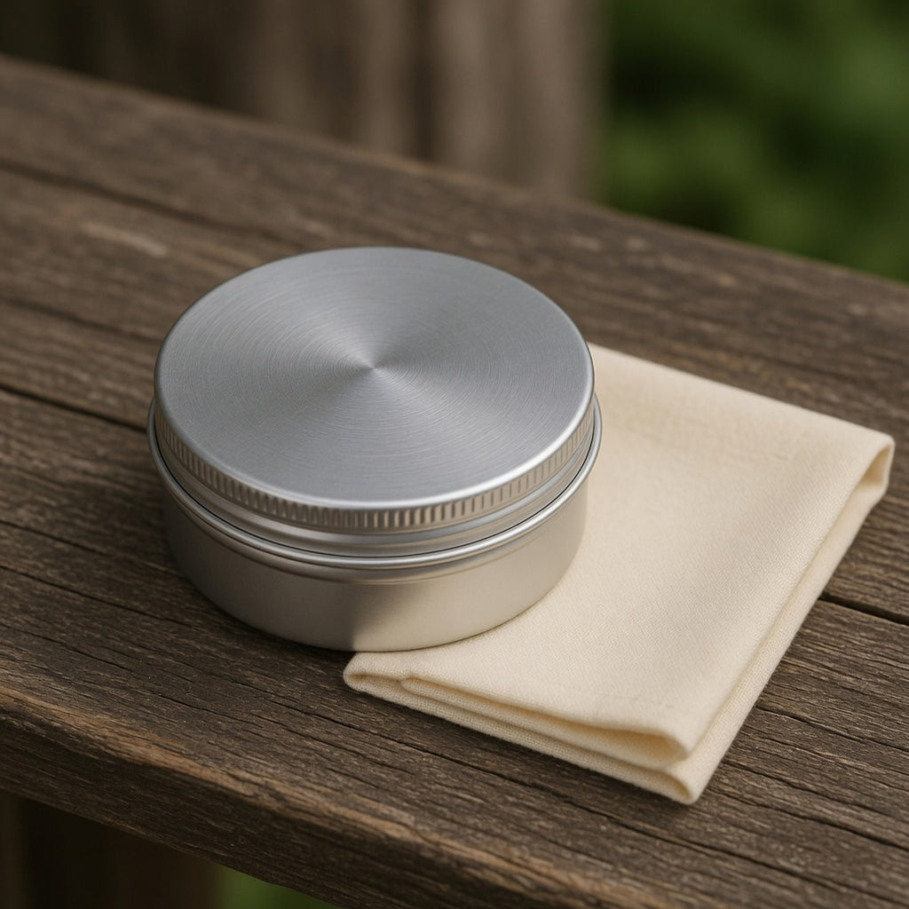 Closed tin of Forest wood wax on a workbench beside a folded cotton cloth