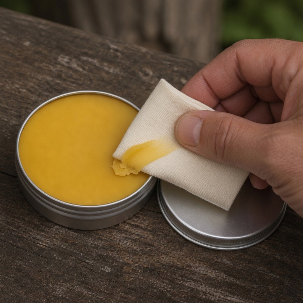 Taking a little beeswax wood wax from the open tin on a cotton cloth
