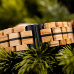 Black accent WOODHAVEN wooden watch, close view of the black band links