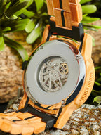 Black accent WOODHAVEN wooden watch, back of the case showing the movement