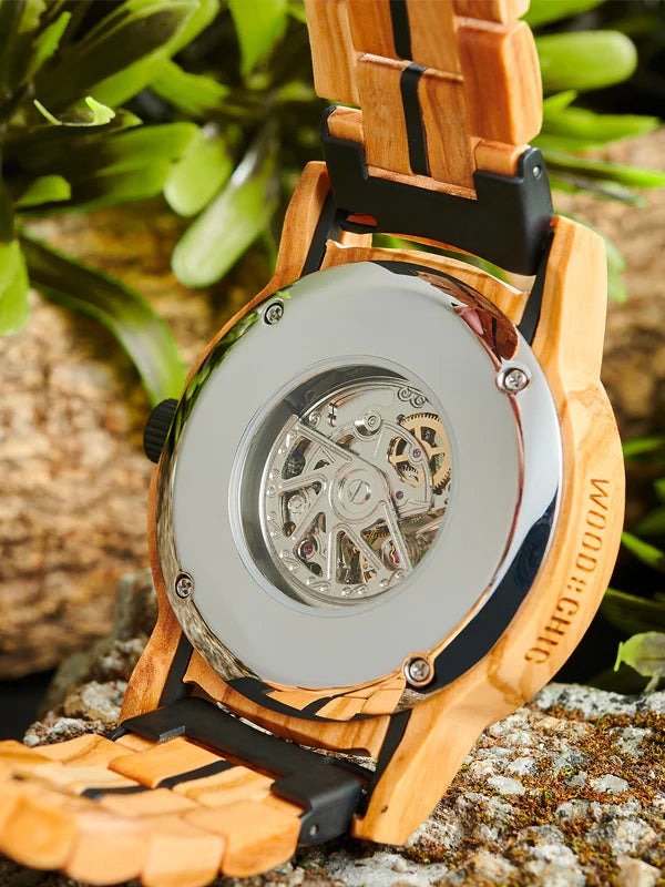 Black accent WOODHAVEN wooden watch, back of the case showing the movement
