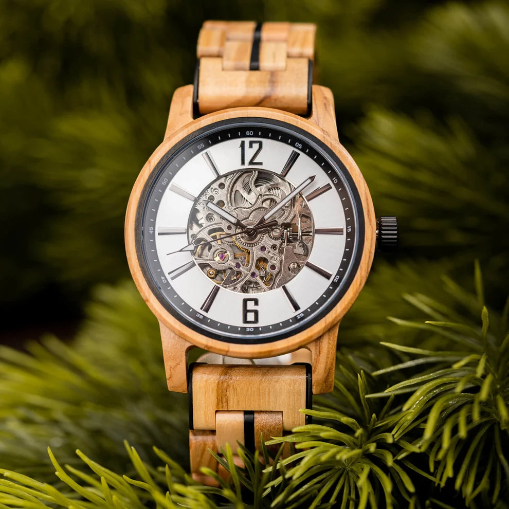 Black accent WOODHAVEN wooden watch, front view showing the black inner ring and black band links