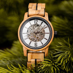 Black accent WOODHAVEN wooden watch, front view showing the black inner ring and black band links