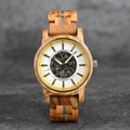 Gold/silver accent WOODHAVEN wooden watch, yellow inner ring with silver band links, front view