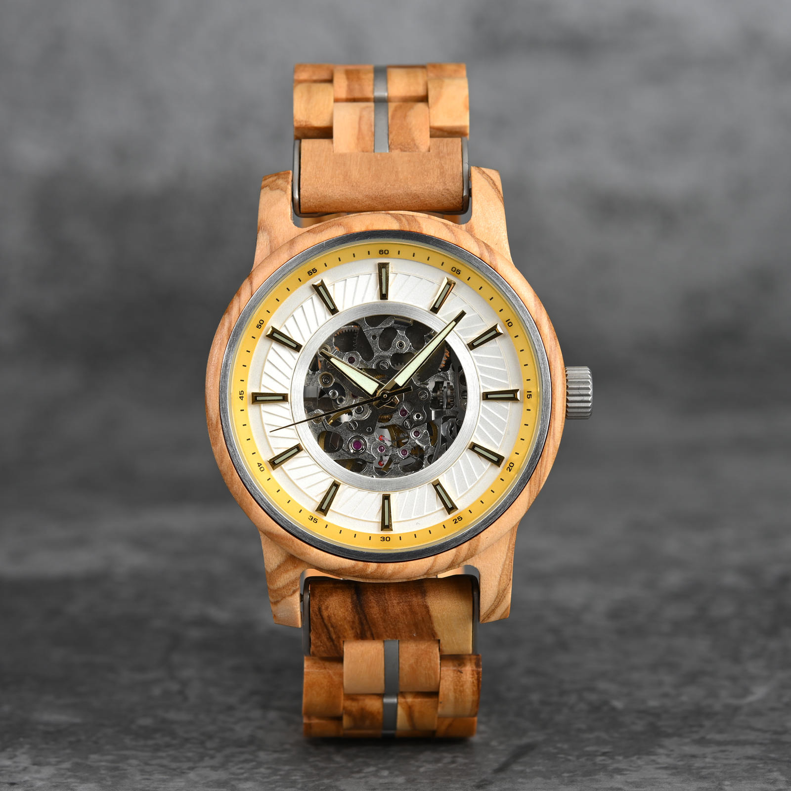 Gold/silver accent WOODHAVEN wooden watch, yellow inner ring with silver band links, front view