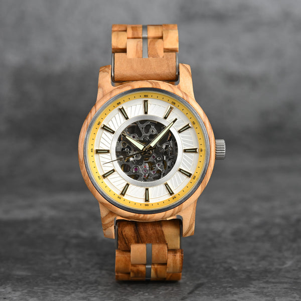 Gold/silver accent WOODHAVEN wooden watch, yellow inner ring with silver band links, front view