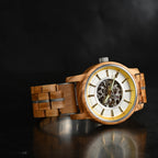 Gold/silver accent WOODHAVEN wooden watch, three quarter view