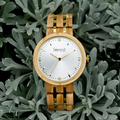 Victoria women's olivewood wooden watch, front view on a leafy background