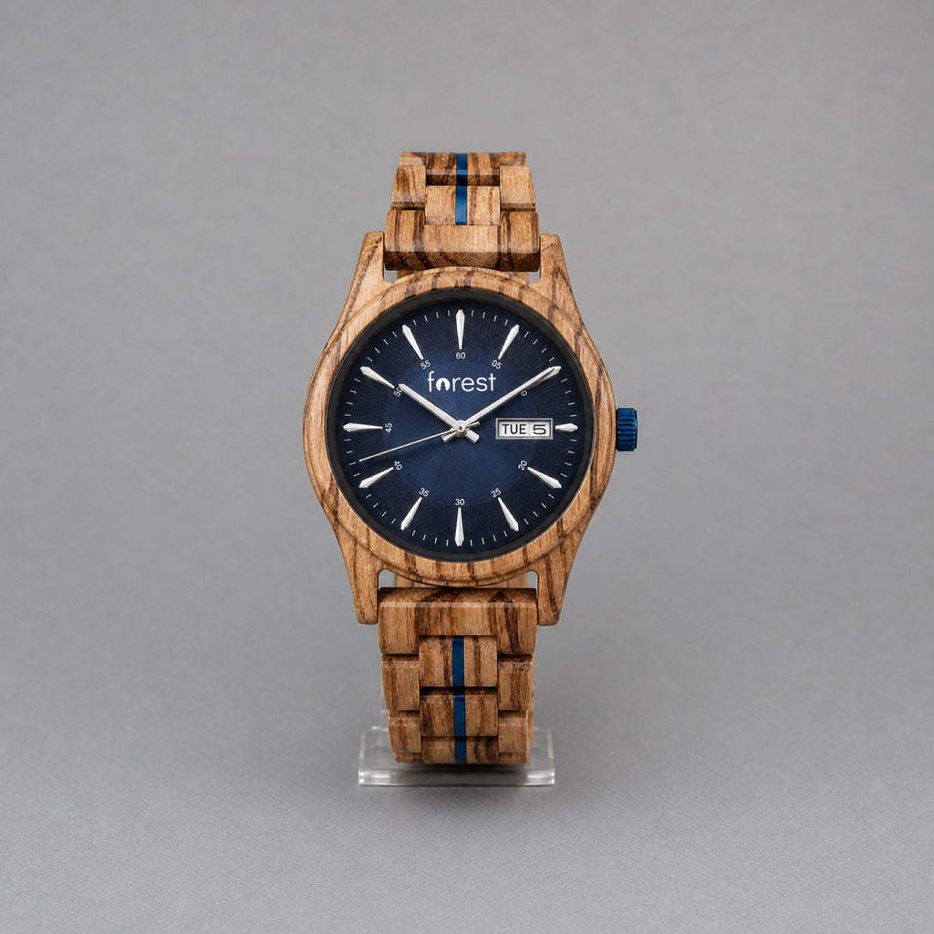 Harbour men's zebrawood watch with navy dial, upright on a studio stand