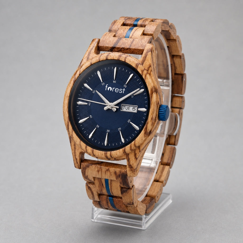 Harbour wooden watch turned to show the zebrawood bracelet and blue accent link