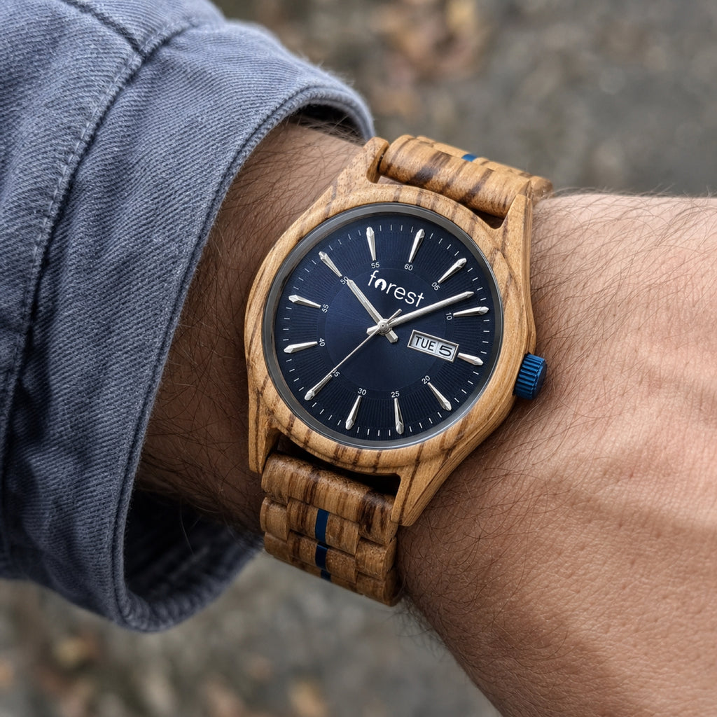 Harbour wooden watch worn on a wrist in daylight