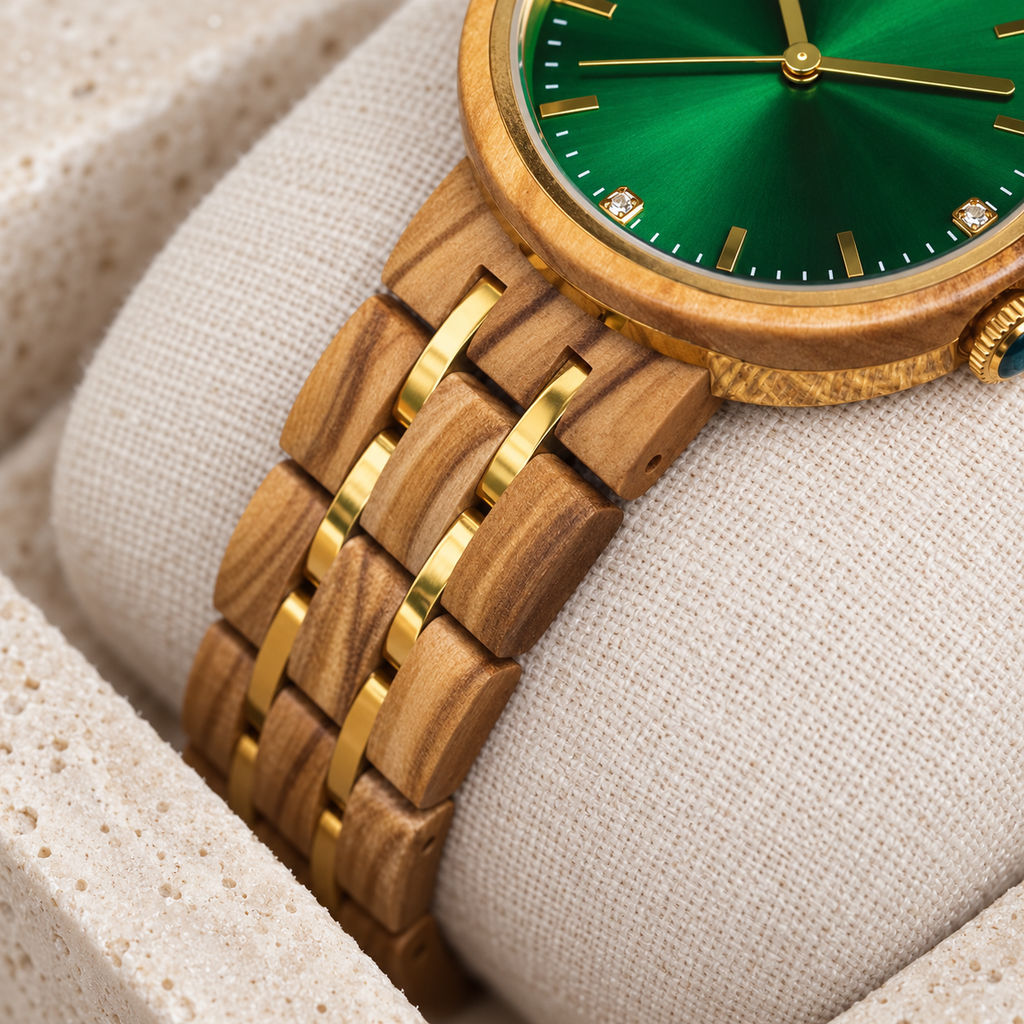 Close view of the Ivy slim olivewood bracelet with two narrow gold rails
