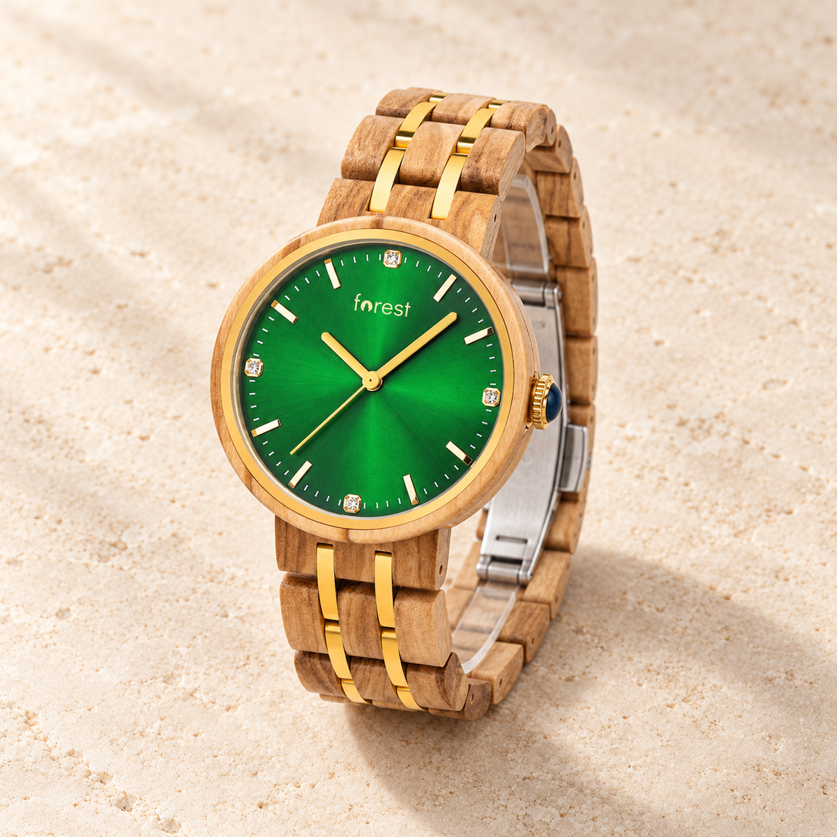 Complete Ivy watch at a three-quarter angle on warm ivory stone, with its bracelet and silver clasp visible