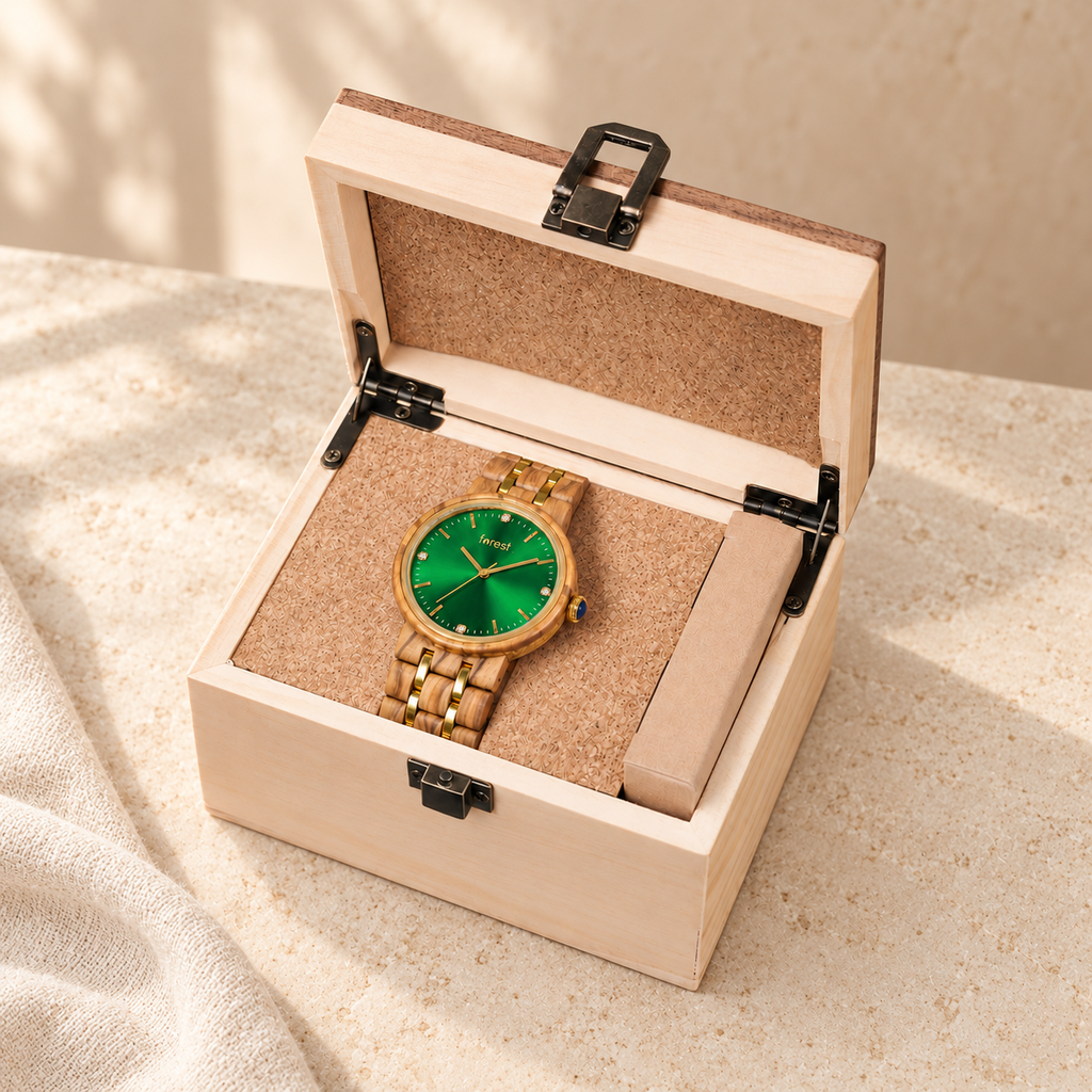 Ivy green-dial olivewood watch in its included pale wooden gift box on an ivory stone table
