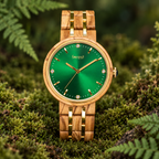 Ivy olivewood watch with an emerald green dial and gold details in a soft green moss setting