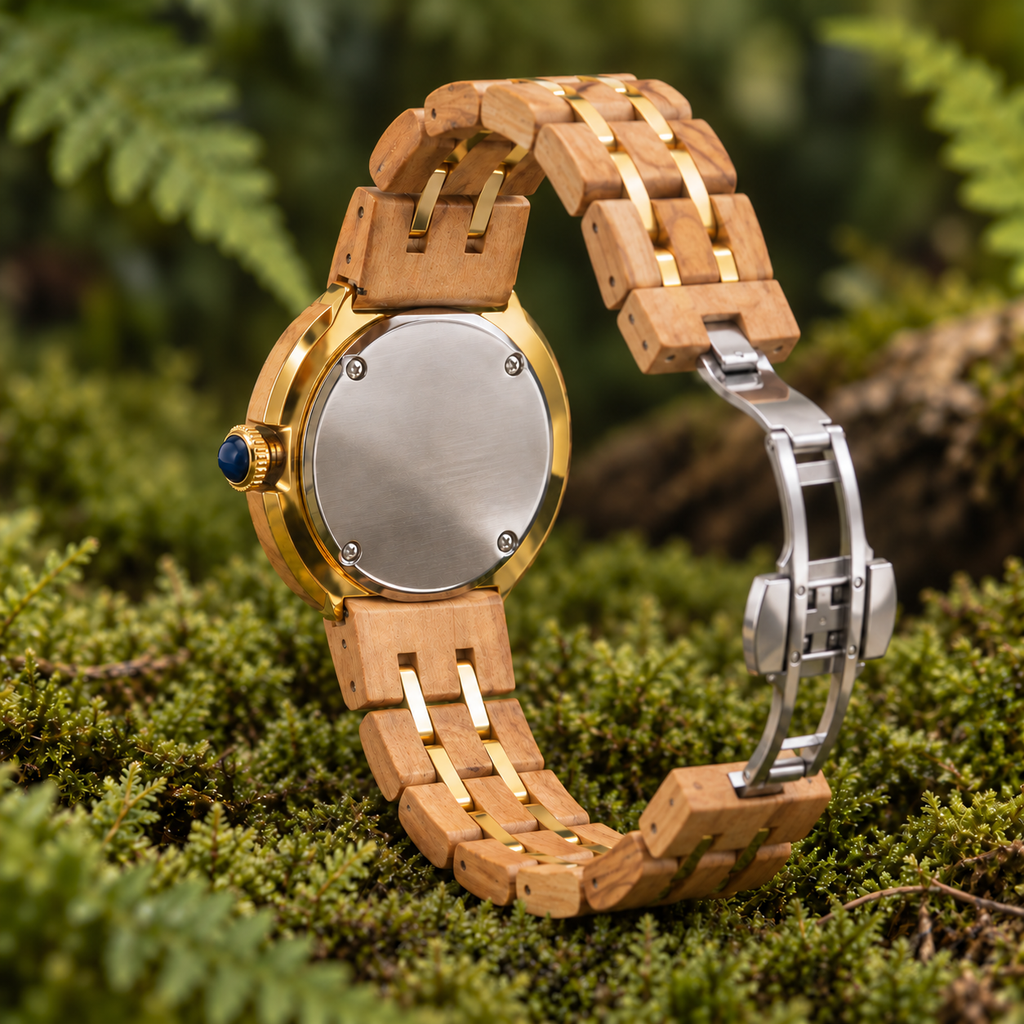 Ivy olivewood watch rear view on moss with silver back, gold rim, recessed navy crown and open silver folding clasp