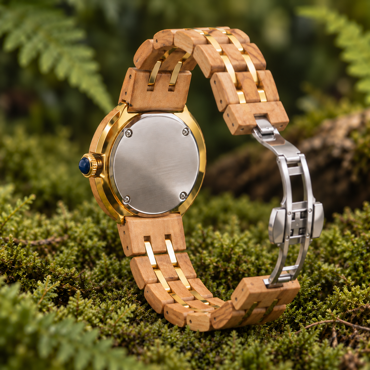 Ivy olivewood watch rear view on moss with silver back, gold rim, recessed navy crown and open silver folding clasp