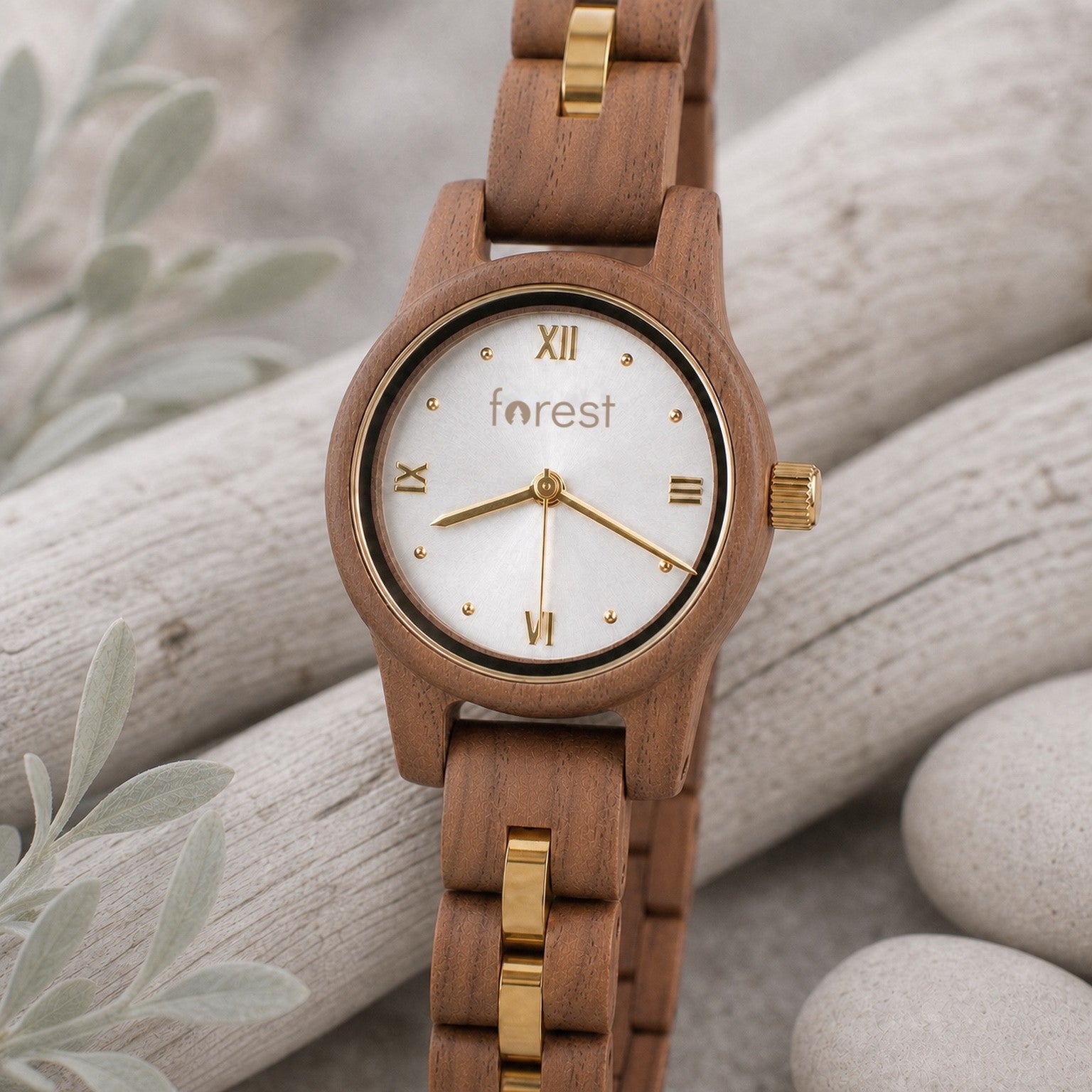 White dial Midnight wooden watch turned slightly, resting on pale driftwood