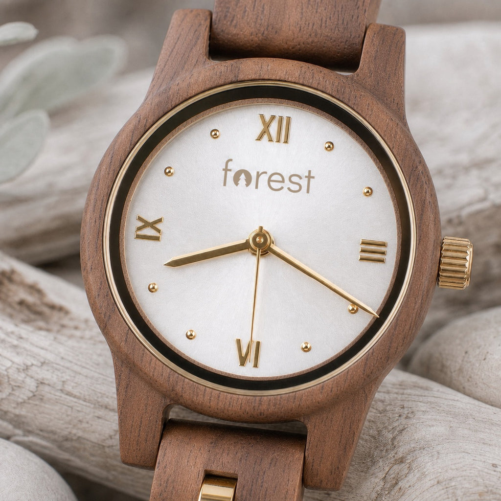 White dial Midnight wooden watch, close view of the white dial and gold hands