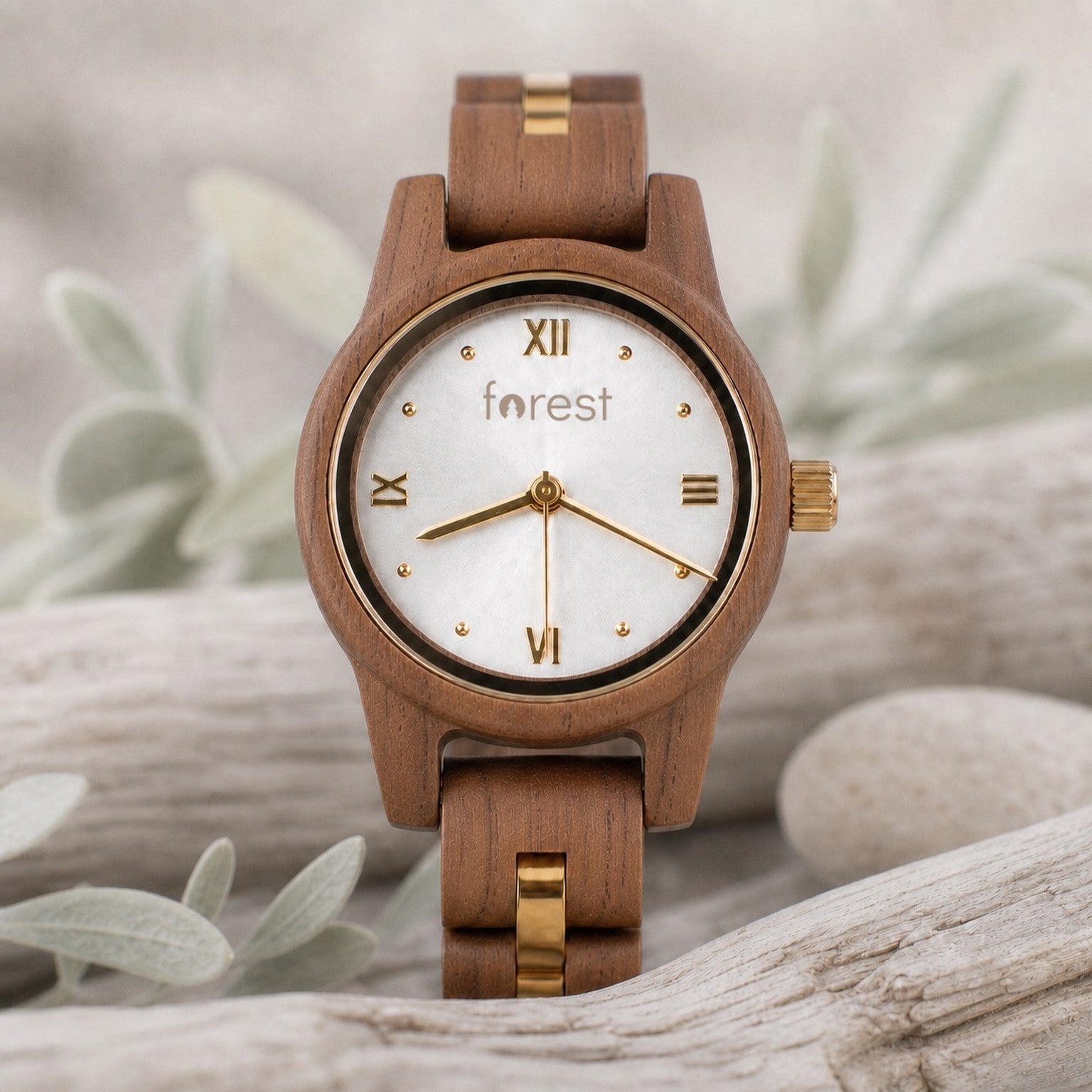 White dial Midnight wooden watch low angle, leaning back on driftwood