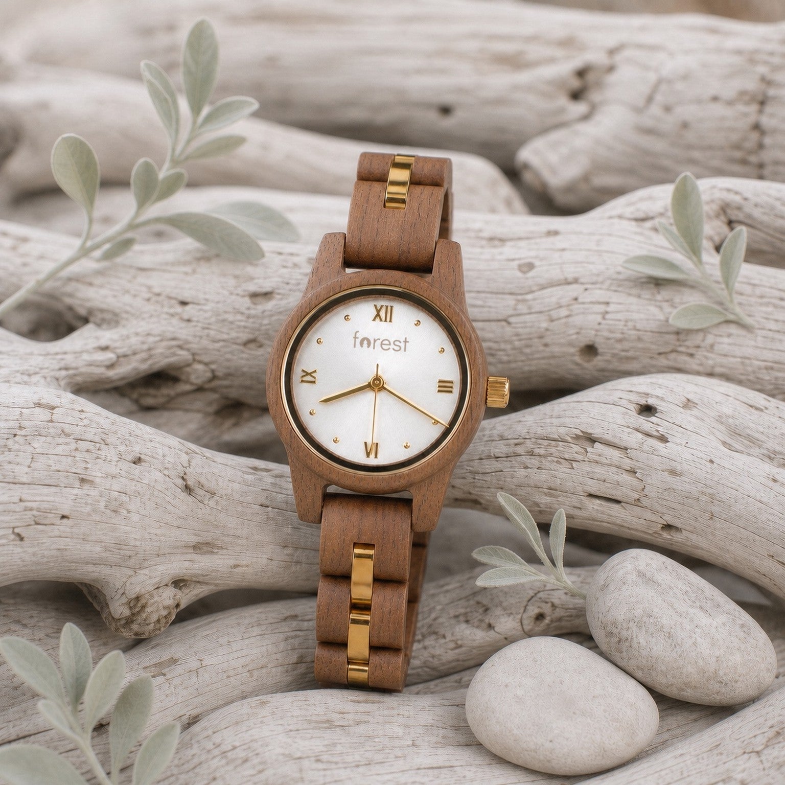 White dial Midnight wooden watch among pale stones and sage leaves