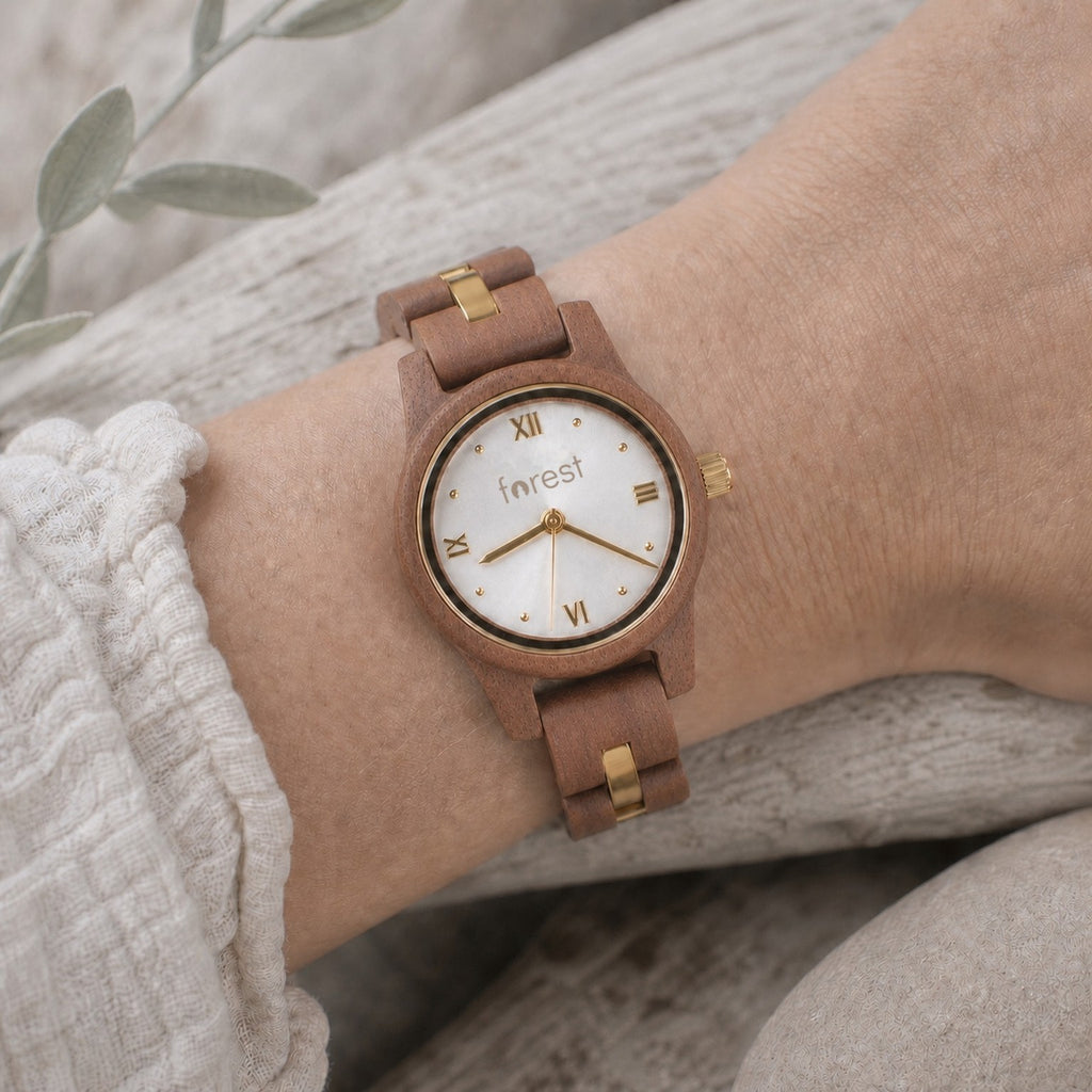 White dial Midnight wooden watch worn on a wrist
