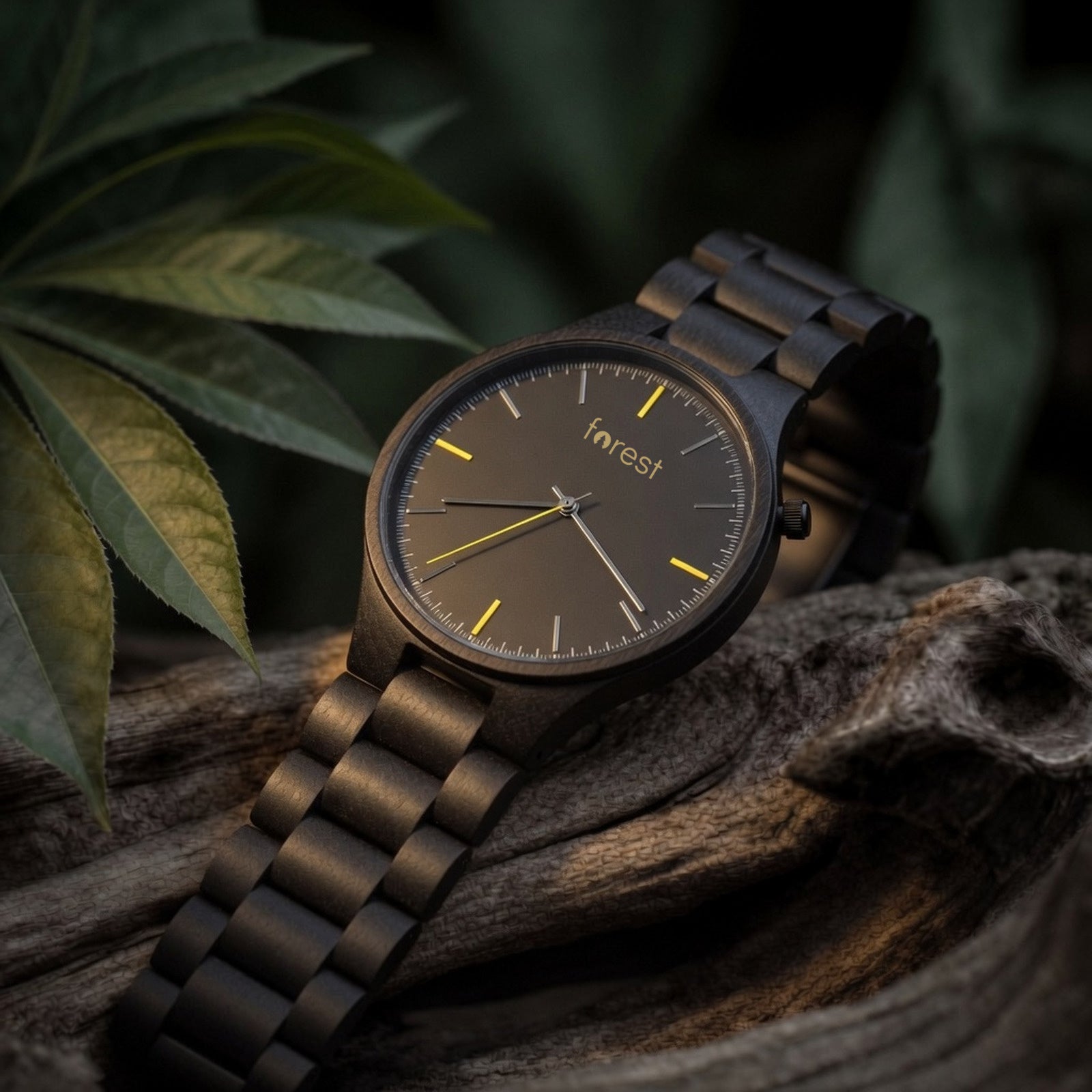 Nightfall wooden watch at a three quarter angle on weathered driftwood