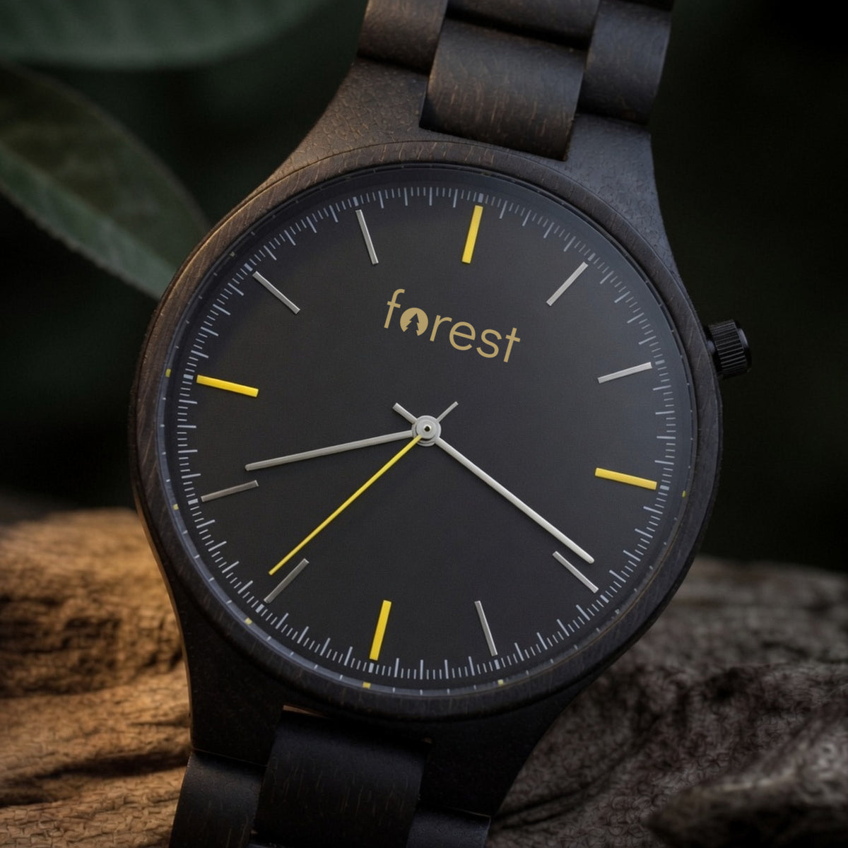 Nightfall wooden watch, close view of the charcoal dial and yellow markers