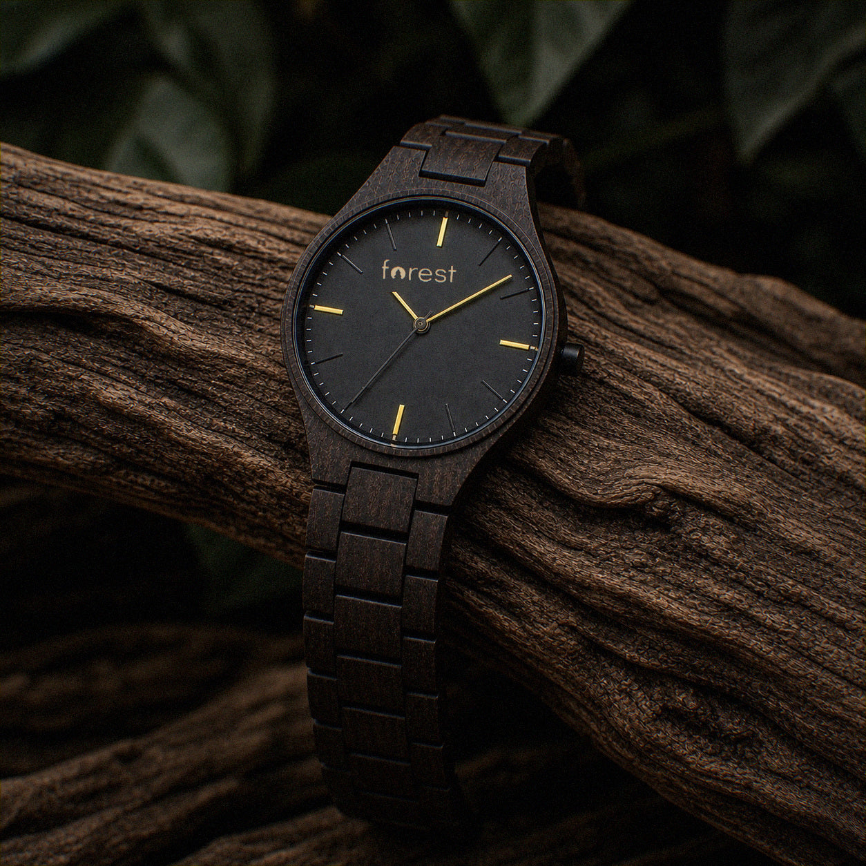 Nightfall wooden watch at an angle on weathered wood