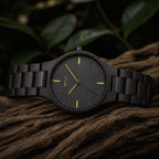 Nightfall wooden watch, three quarter view showing the wood link bracelet