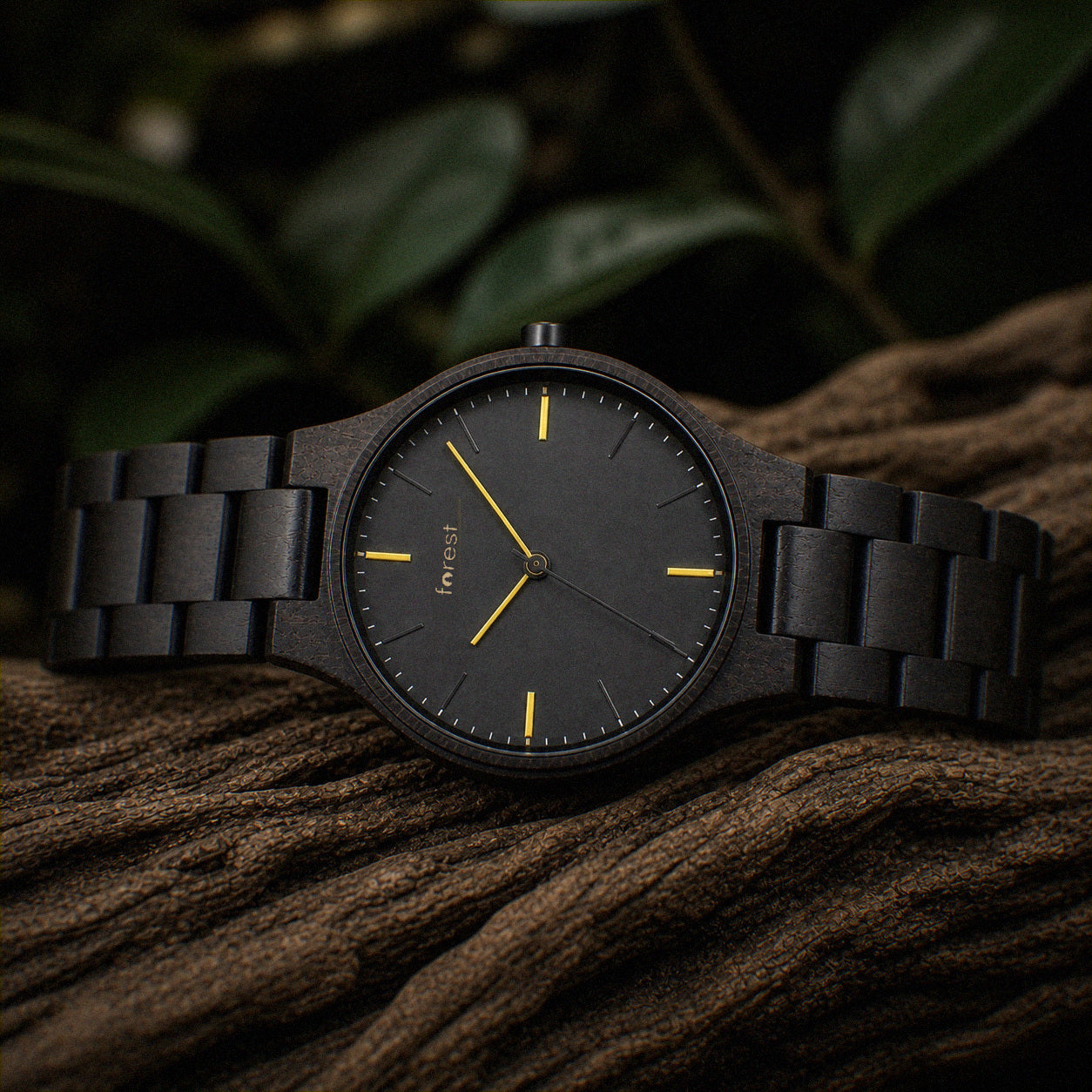 Nightfall wooden watch, three quarter view showing the wood link bracelet