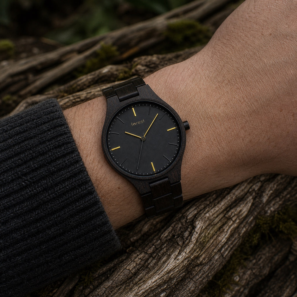 Nightfall wooden watch worn on the wrist outdoors