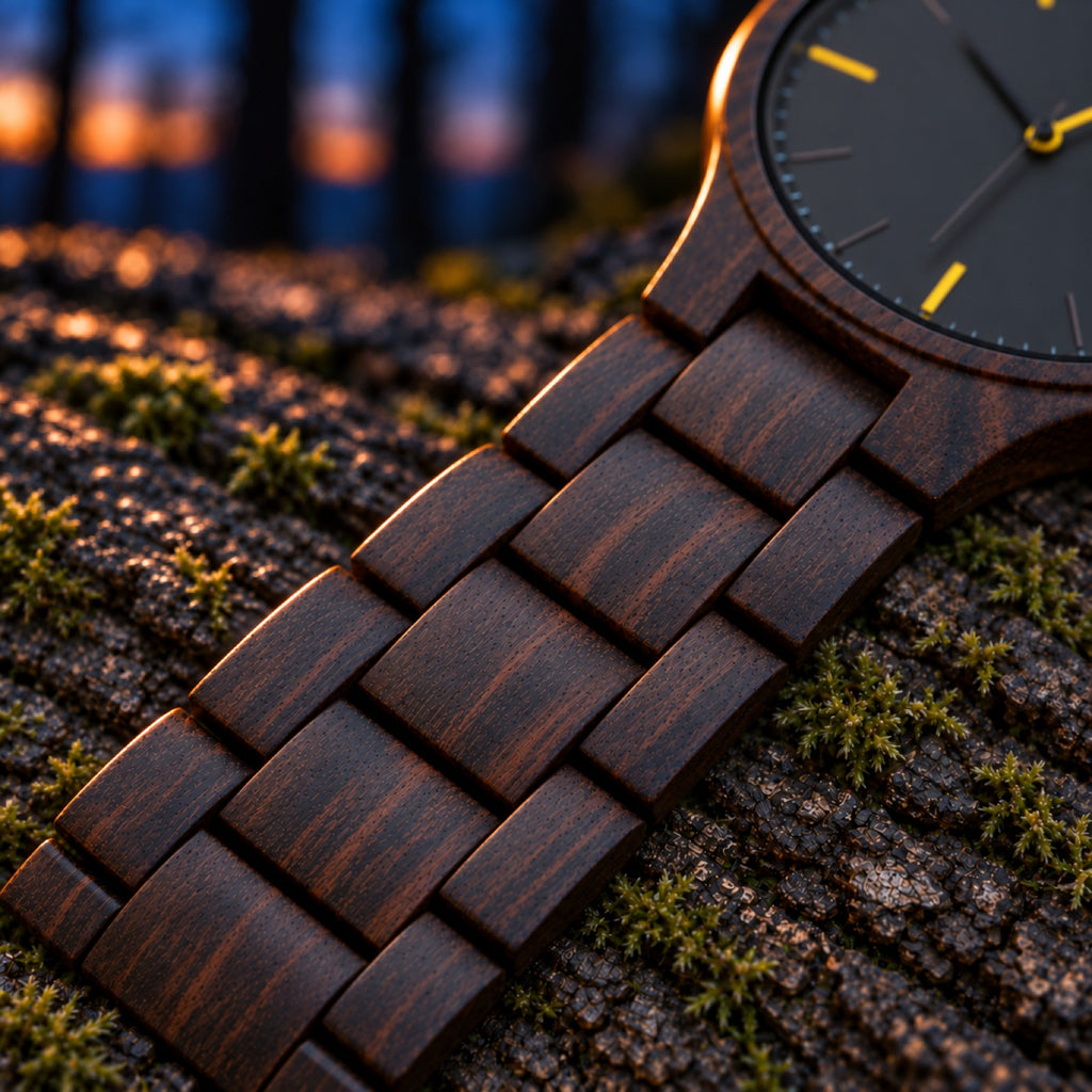 Close-up of Nightfall's slim ebony bracelet links on a log at blue hour