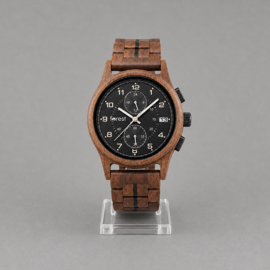 Raven wooden watch upright, black chronograph dial and walnut case