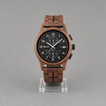 Raven wooden watch upright, black chronograph dial and walnut case