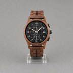 Raven wooden watch upright, black chronograph dial and walnut case