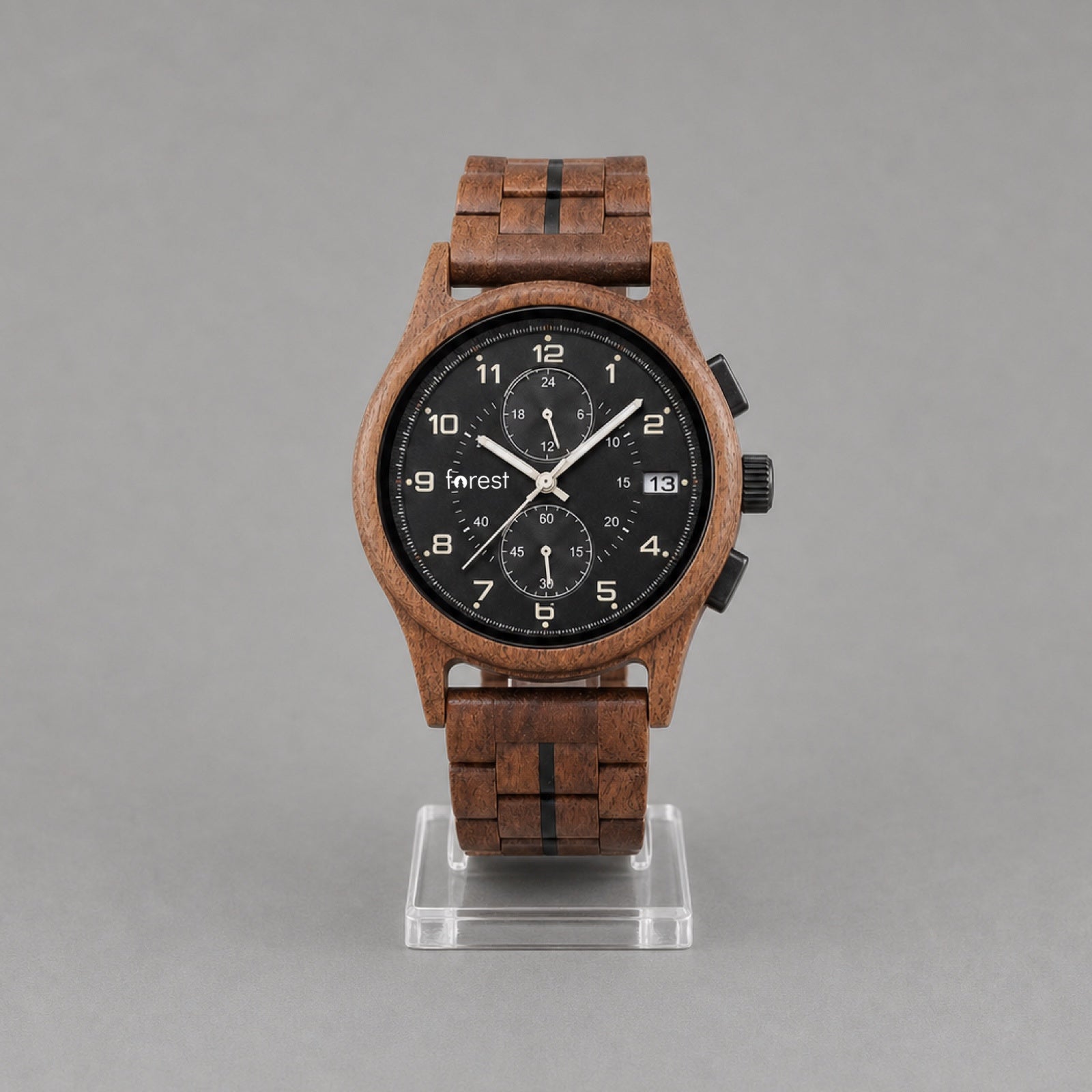 Raven wooden watch upright, black chronograph dial and walnut case