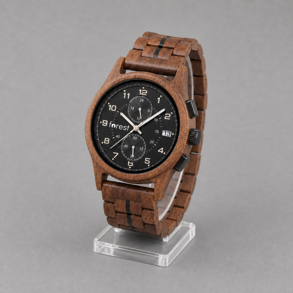 Raven wooden watch at an angle showing the walnut case and wood bracelet