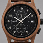 Close view of the Raven black dial, twin sub-dials and date window