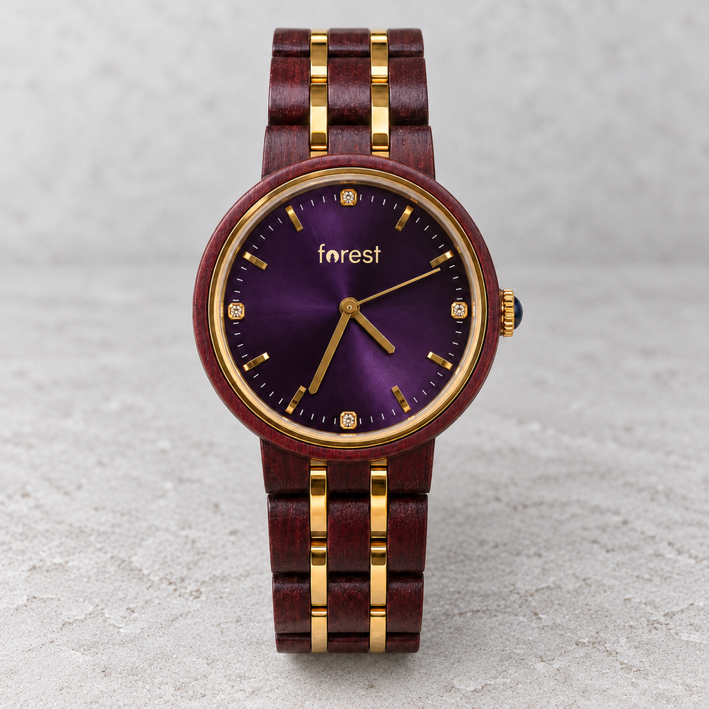 Royal rosewood watch with a purple sunburst dial and gold details on cool grey stone
